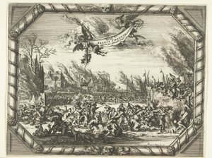 Franska grymheter i Bodegraven och Zwammerdam, 1672 Spiegel der France Tirannye pläderade vid Hollantsche Dorpen (titel på objekt) av Romeyn de Hooghe