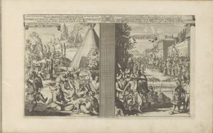 Läkare i Arclada; Jesuit rakad av en tollmaster i Golkonda Guerisons infames des Arclades / Rude Healings // Roi de Golconde, Douane, etc / Toll, en Cases (titel på objekt) Les Indes Orientales et Occidentales et autres av Romeyn de Hooghe