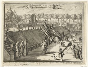 Utsikt (från sidan) av ett terrassvattenfall i parken Paleis Het Loo The Terrace Cascade på sidan (titel på objekt) Utsikt över Paleis Het Loo, tillhörande byggnader och tillhörande park (serietitel) av Romeyn de Hooghe