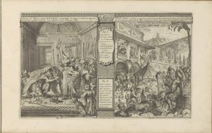 Historia om en statstjänsteman i Persien; Tid med mexikanerna Persisk historia / Histoire de Perse // Veder Schilder Konst / Art de peindre chés les Mexiquains (titel på objekt) Les Indes Orientales et Occidentales et autres lieux (serietitel) av Romeyn de Hooghe