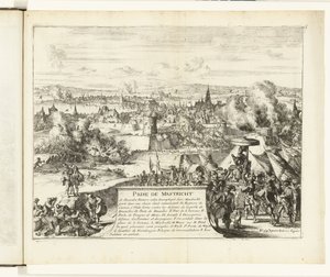 Erövring av Maastricht av hertigen av Parma, 1579 Prize de Mastricht (titel på objekt) Guerres de Flandres (serietitel) av Romeyn de Hooghe