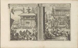 Japansk köphandel; Hof van de koning van de Calaminhans Japans koophandel / Trade of Japan // Calaminhans Eer Pracht / Magnificence of King Calaminhan, i Ostindien (titel på objektet) Öst- och Västindien och andra platser (serie av Romeyn de Hooghe
