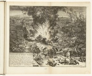 Sprängning av fartygsbron i Parma över Schelde, 1585 Deroute du Pont Farnese (titel på objekt) Guerres de Flandres (serietitel) av Romeyn de Hooghe