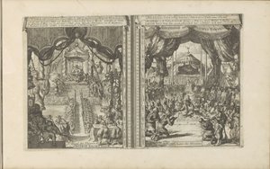Rechtbank i Kina i Abbesinië Kinesisk rechtbank / tribunal des Chinois // Abyssinise Gerichts Handel / Justice des Abissins (titel på objektet) Öst- och Västindien och andra platser (serietitel) av Romeyn de Hooghe