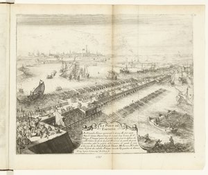 Parmaskeppsbro över Schelde, 1585 Le Pont de Farnese (titel på objekt) Guerres de Flandres (serietitel) av Romeyn de Hooghe