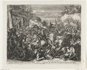 Strid mellan habsburgare och turkar i Wienskogen Öppnande och misshandel av turkarna aent Weener Wald (titel på objektet) av Romeyn de Hooghe