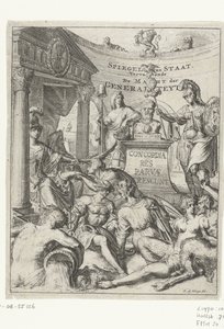 Titeltryck för del 2 av "Mirror of State" av Romeyn de Hooghe Mirror of State. Innehåller De Macht der Generaliteyt (titel på objekt) av Romeyn de Hooghe
