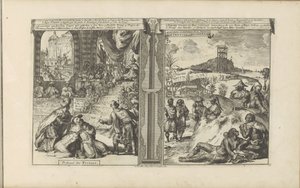 Tribunaal i Perzie; Khoikhoi i Guineers Persernas domstol // Hottentots in Guineesche / Hottentots and Inhabitants of Guinea (titel på objektet) Öst- och Västindien och andra platser (serietitel) av Romeyn de Hooghe