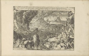 Vulkanen i berättelse Brantbergen och Tempeesten / vulkaner och orkan på Sicilien, etc. (Titel på objekt) East and Western Indies and Other Places (serietitel) av Romeyn de Hooghe