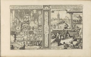 Vuurwerk i musik Konst vyeren / Fireworks of the Tartars // Musick en Speelinstrumenten / Musical Instrument of Different People (titel på objekt) Öst- och Västindien och andra platser (serietitel) av Romeyn de Hooghe