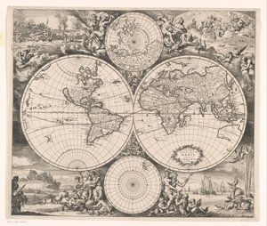 Världskarta med en allegori över de fyra elementen Nova totius terrarum orbis tabula (titel på objekt)