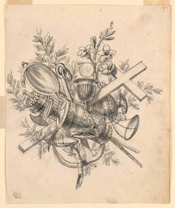 Teckning, Trofé med symboler för dygderna, 1830-1850 av Romolo Achille Liverani