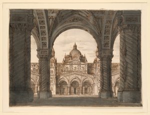 Scenografi, kyrkfasad från en loggia, I due Valdomiri av Felice Romani, musik av Pietro de Winter. Framförd på La Scala, Milano, 1818 av Romolo Achille Liverani