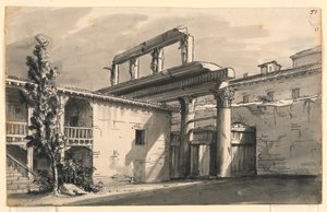 Scenografi, domstol bland ruiner av Romolo Achille Liverani