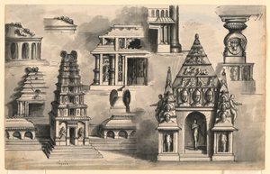 Scendesign, detaljer om indiska tempel av Romolo Achille Liverani