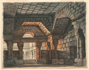 Scendesign, befäst slottsinredning för "Ciro in Babilonia" av Gioachino Rossini, La Scala, Milano, 1818, "Underground Prison"