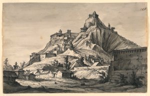 Scenografi, berg med stad på sluttningar