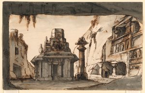 Scendesign, orientaliska byggnader bland grottor och klippor av Romolo Achille Liverani