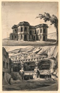 Scendesign, slott i landskapet och tempel och grottor