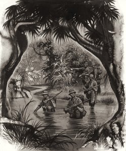 ANZAC-trupper korsar en djungelflod under en patrull under andra världskriget (gouache på papper) av Ron Embleton
