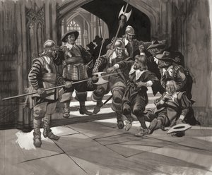 Överste Pride nekar vissa ledamöter av underhuset tillträde (gouache på papper) av Ron Embleton
