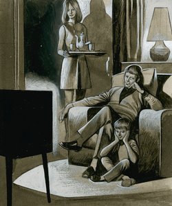 Familj tittar på svartvit tv på 1960-talet av Ron Embleton