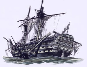 HMS Victory efter slaget vid Trafalgar, med bortskjuten mesantoppmast (gouache på papper) av Ron Embleton