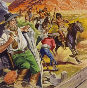 Jacob Waltz och hans vän attackeras av apacheindianer (gouache på papper) av Ron Embleton