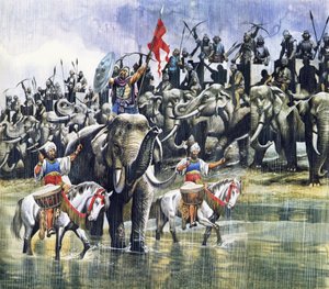 Kung Porus armé möter Alexander den store i ösregn