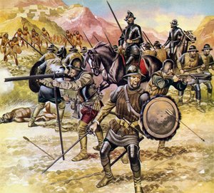 Mexiko, spanjorer samlar en expedition för att hitta en gyllene stad i norr (färglitografi)