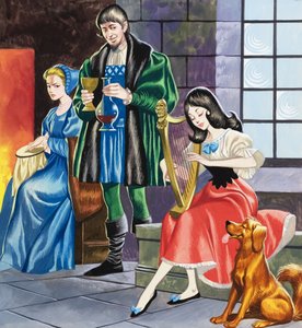 Snövit spelar harpa för sin far (gouache på papper) av Ron Embleton