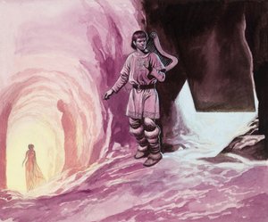 Tannhauser följer Venus in i grottan (gouache på papper)