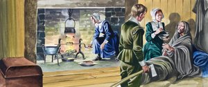 Pilgrimsfäderna i halvbyggda hus av Ron Embleton