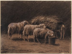 Ett par får och en bagge i ett stall av Rosa Bonheur