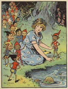 Flicka omgiven av nisser (färg litho) av Rosa Petherick