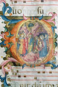 Corale / Graduale no.5 Historikert initial "O" som visar tillbedjan av männen av Rossello Franchi