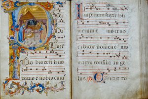 Körboken "D", som visas i katedralen i Santo Stefano: en historisk initial som skildrar födseln, ca 1429-35
