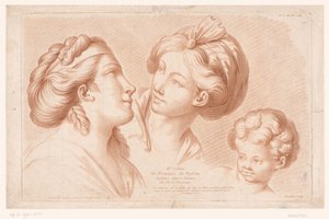 Titeltryck med två kvinnliga huvuden och ett barnhuvud IVe Cahier de Principes du Dessin d