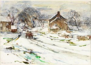 Ellerby - Winter (penna och akvarell på papper klistrat på kort) av Rowland Henry Hill