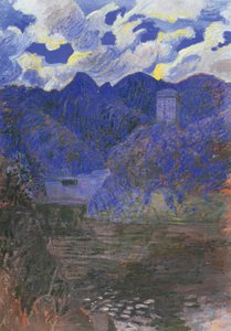 Vårens gryning i San Fruttuoso, av Rubaldo Merello (1872-1922), olja på duk, 98x69 cm. Italien, 1900-talet. av Rubaldo Merello