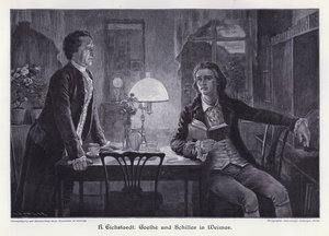 Tyska författarna Friedrich Schiller och Johann Wolfgang von Goethe i Weimar (gravyr)