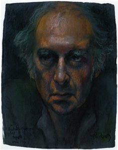 Harold Pinter i Samuel Becketts enakts monologpjäs Krapps sista band porträtt av Zsuzsi Roboz i pastellfärger c