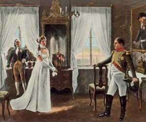 Drottning Louises möte med Napoleon I i Tilsit, 6 juli 1807 (förstärkt färglitografi)