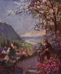 Leopoldsberg, I förgrunden Brahms, vilar efter en lång promenad (färg litho)