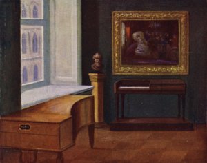 Mozarts spinet (höger) och Hugo Wolfs piano (vänster) i Stadsmuseet i Wien (färg litho)