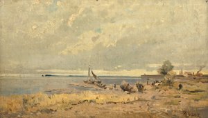 Strandlandskap med båtar