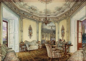 Inre vy av salongen av ett slott i Obertwaltersdorf; Interiörvy av en salong i Obertwaltersdorf slott, av Rudolf von Alt