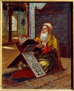 Skrivbordet En imam som läser Koranen. Målning av Rudolph (eller Rudolphe) Ernst (1854-1932) 1800-talets Nantes, Musee des Beaux Arts av Rudolphe Ernst