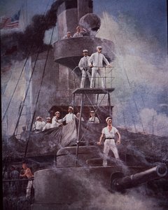Spansk-amerikanska kriget 1898, slaget vid Manila Bay, amiral Dewey regisserar action från flaggskeppet Olympia