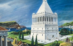 Mausoleet i Halikarnassos, färdigställt 353 f.Kr. (gouache på papper) av Ruggero Giovannini